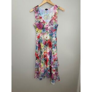 Komarov Floral Dress Watercolor Crinkle Print Sleeveless Tiered Midi Women's S‎